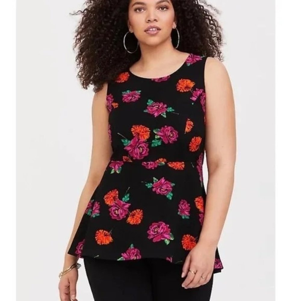 Torrid Black Sleeveless Floral‎ Ponte Hi-Lo Peplum Top Blouse Plus 3X Black Red